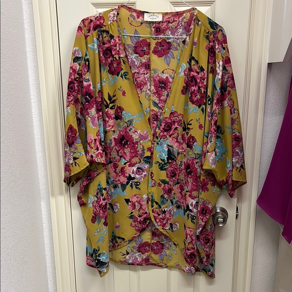 Janette Plus Yellow and Pink Floral Kimono Blouse